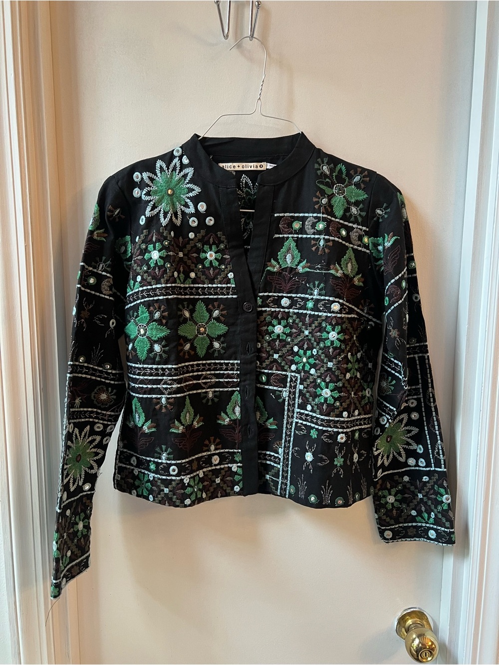 Embroidered Black Jacket with Green Floral Motif - alice + olivia